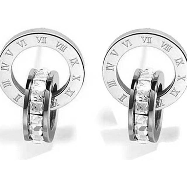 SHEIN 1 Pair Stainless Steel Square Rhinestone Tricolor Roman Numeral Double Circle Earrings, Fashionable Earring Suitable For Daily Wear