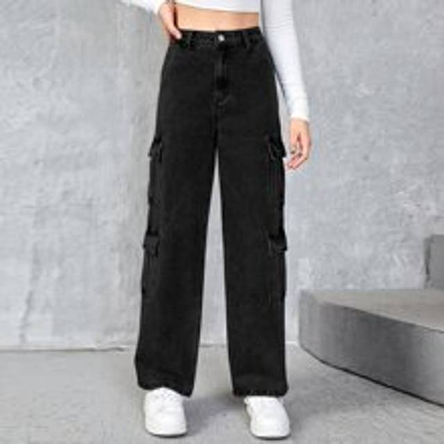 SHEIN Teen Girls Flap Pocket Side Cargo Jeans