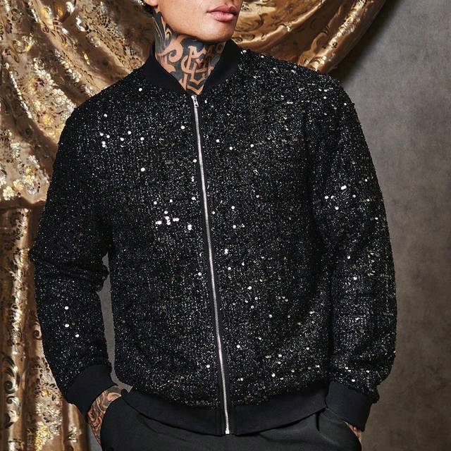 Manfinity Oversized Men&#39;s Sequin Zip-Up Bomber Jacket, Party Fashion Black Long Sleeve Baseball Sequin Jacket, For Friends, Husband, Boyfriend Gifts