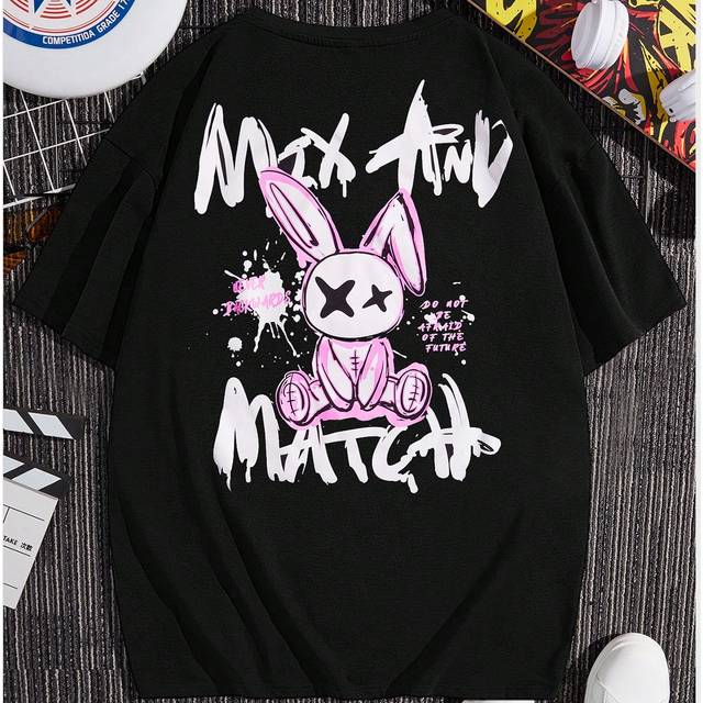 Manfinity Oversized Men&#39;s Letter & Cartoon Print T-Shirt, Summer