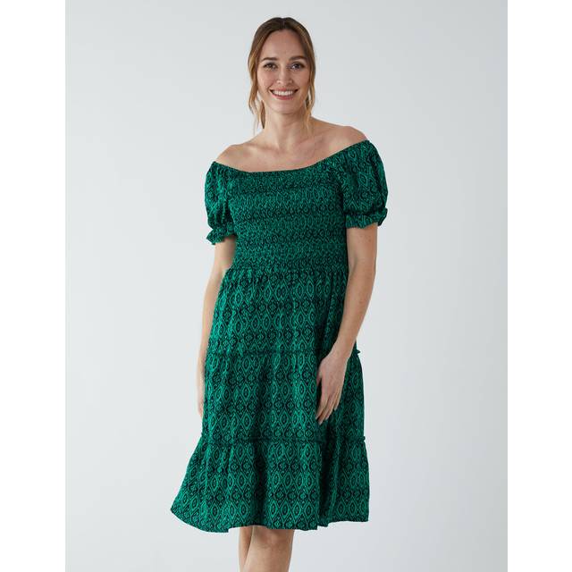 Blue Vanilla Womens Puff Sleeve Bardot Shirred Dress - Green - Size 10 UK