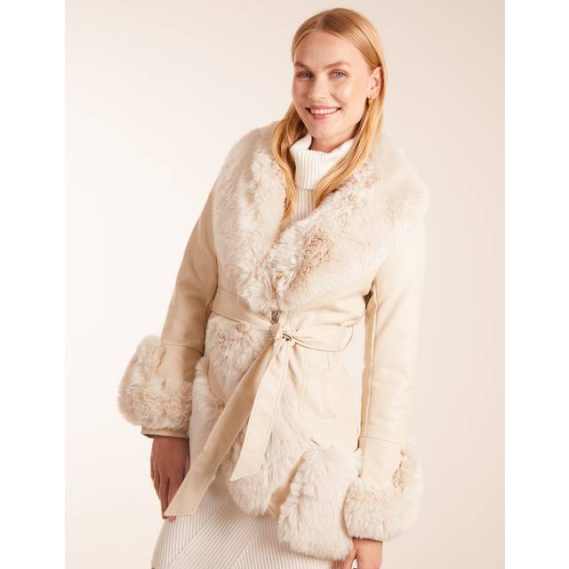 Womens Faux Fur PU Coat With Zip - Beige - 8