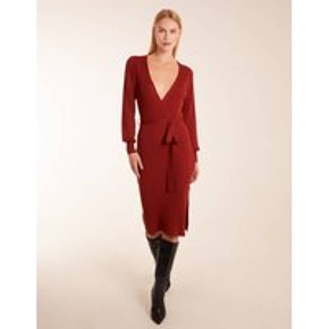 Blue Vanilla Womens Ribbed V-Neck Tie Wrap Midi Dress - Rust - Size X-Large