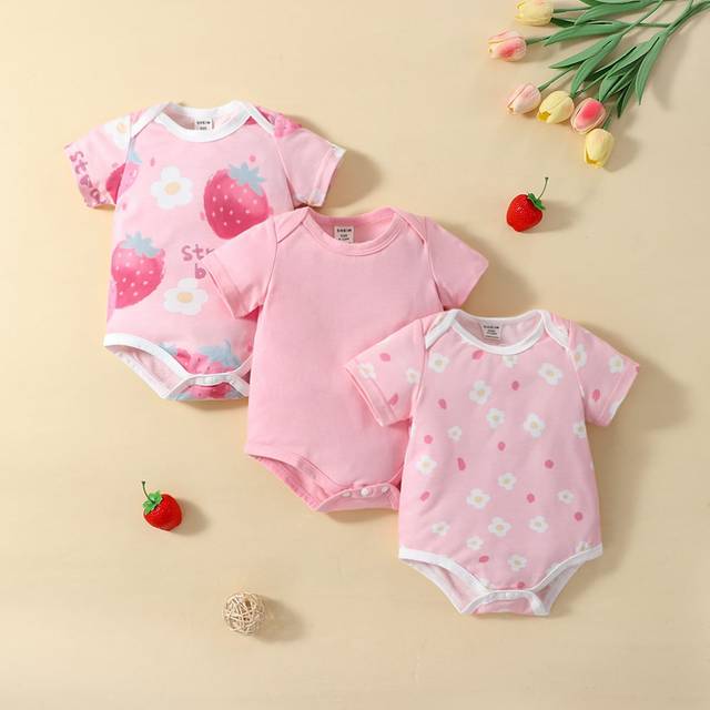 SHEIN Baby Girl Newborn 3pcs Strawberry & Heart Print Bodysuit