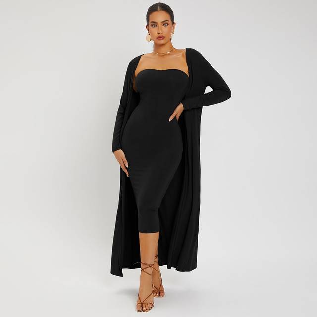 Slits i Fållen Tube Bodycon Klänning & Öppen Framtill Kappa - Svart (L,M,S,XL,XS,XXL,XXS,XXXL)