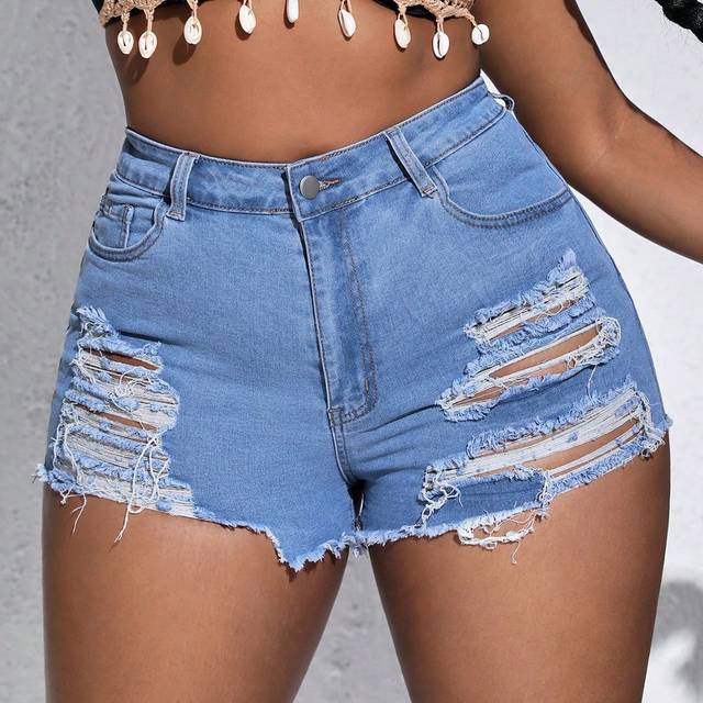 SHEIN Plus Ripped Raw Hem Denim Shorts  Autumn Outfits For Women Festival Outfits Beach Vacation Outfits