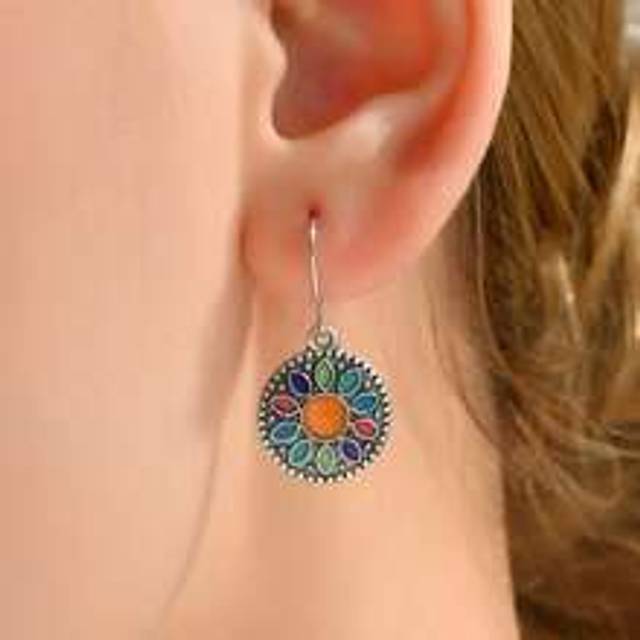 SHEIN 1pair Antique Metal Round Shape & Multicolor Oil Drip Retro Elegant Pendant Drop Earrings