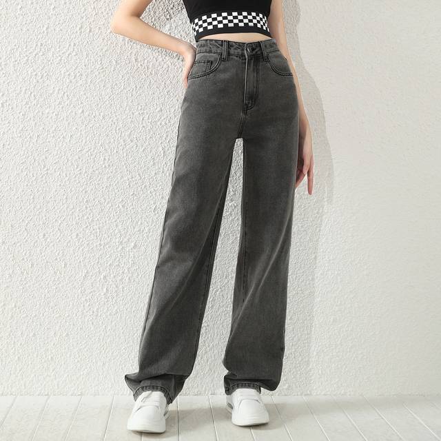SHEIN Teen Girl Simple Versatile Black & Grey Washed Straight-Leg Jeans