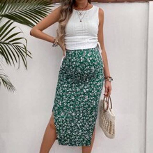 SHEIN Maternity Drawstring Side Tank Top & Ditsy Floral Print Split Thigh Adjustable Waist Skirt