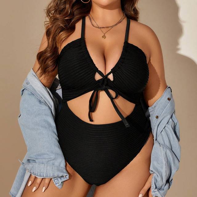 Criss Kors Skära Ut Spets Upp Enkel Plus Size One-Piece - Svart (0XL,1XL,2XL,3XL,4XL)