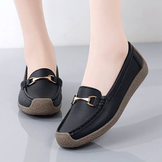 2025 Höstens svarta loafers för kvinnor, handsydda och metallspänne. Eleganta slip-on-skor, lätta läderskor. Halkfri sula. (CN35,CN36,CN37,CN38,CN39,CN40,CN41,CN42)