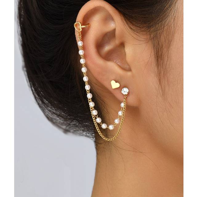 Nooxian 2pcs Butterfly Element Tassel Zirconia Ear Cartilage Cuff Earrings (Random Bead Quantity) (Single Ear Wearing)