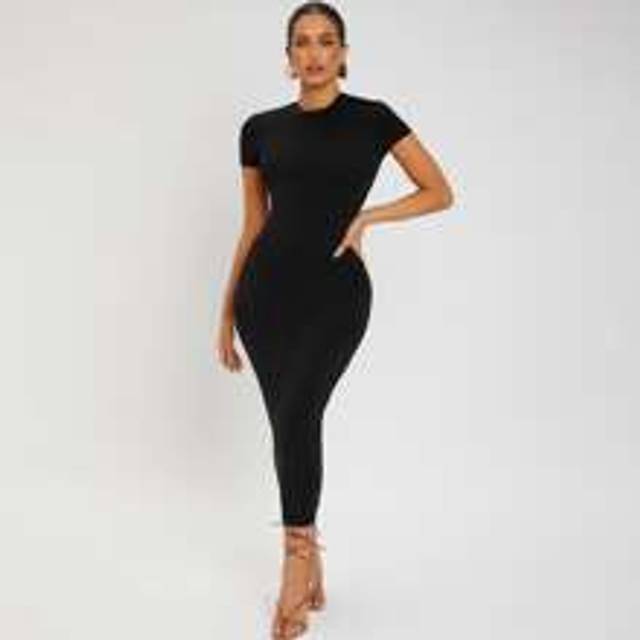 SHEIN Summer Round Neck Black Tight Cap Sleeve Short Sleeve Sexy Dress,Business Casual Woman