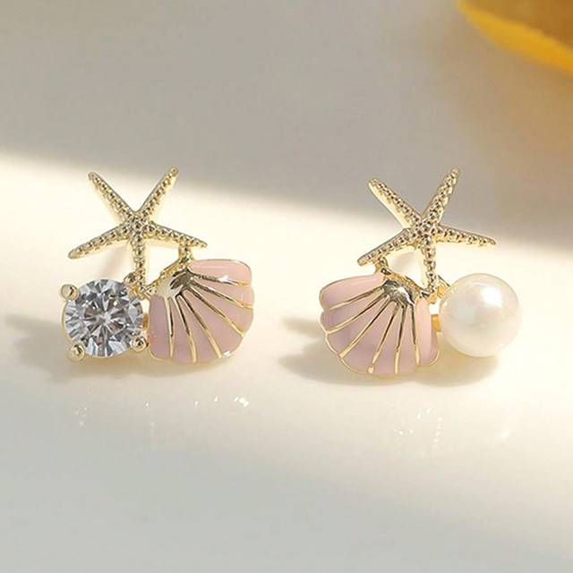 SHEIN 1 Pair (Left And Right) Beach Party Starfish And Shell Decorated Stud Earrings, Multi-Element Earrings With Seashell, Starfish, Rhinestone & Pearl, Sw