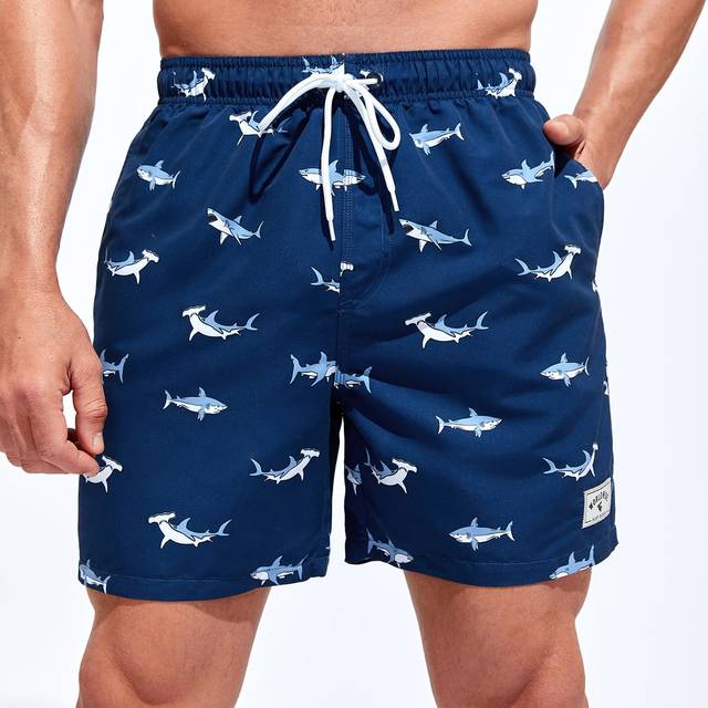 Manfinity Men Shark Graphic Print Letter Patched Detail Drawstring Waist Swim Trunks Pool Shorts, For Beach, Vacation