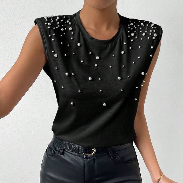 SHEIN Pearls Beaded Shoulder Pad Tank Top