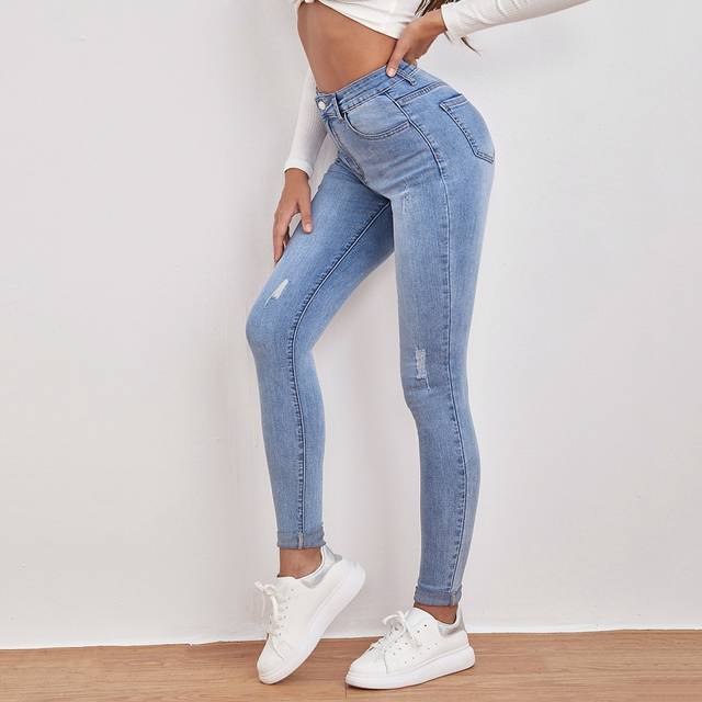 SHEIN High-Waisted Button-Embellished Skinny Stretch Distressed Y2K Jeans