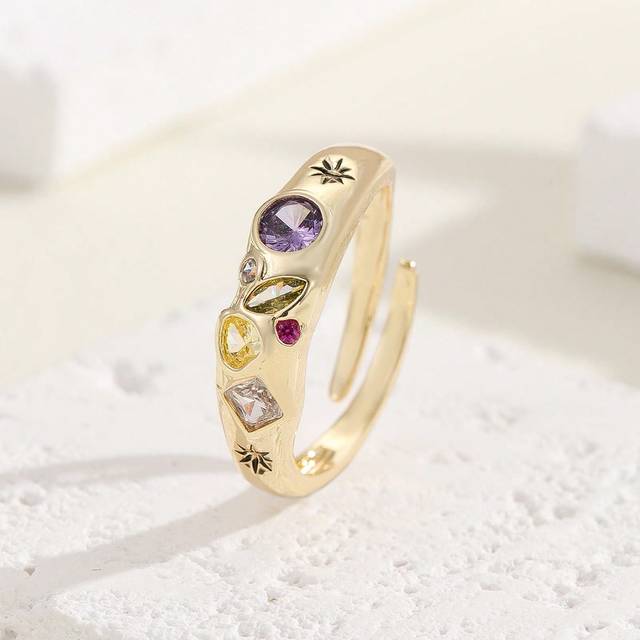SHEIN 1pc 2025 Recommended, Classic Four-Seasons European & Style Colorful Copper Zirconia Alloy Open Ring, Suitable For Valentine&#39;s Day, Cologne Carnival,