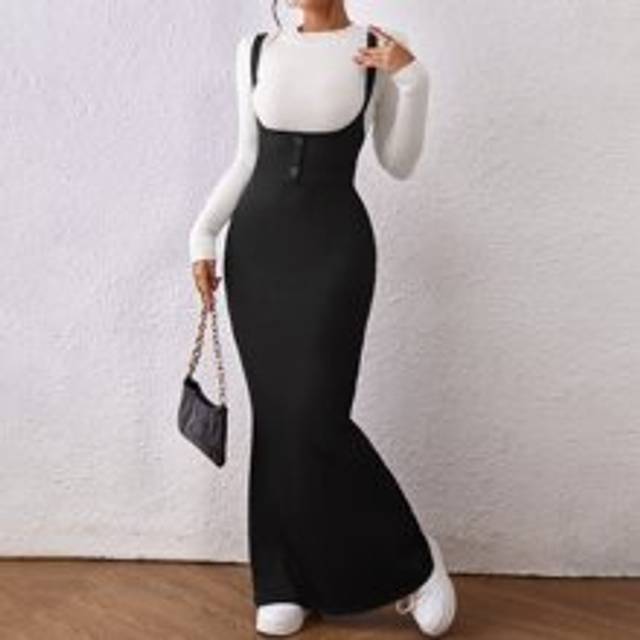 SHEIN Solid Ribbed Knit Mermaid Hem Pinafore Dress Without Tee