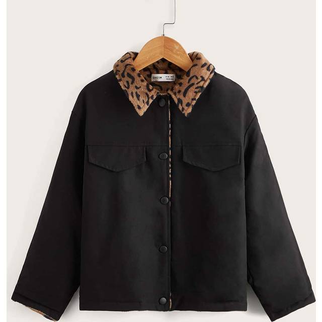 Kontrast Faux Päls Framsida Knappar Fejk-Fickor Leopard Enkel Flickor Jackor - Svart (6Y,7Y,8Y,9Y,10Y,11-12Y,13-14Y)
