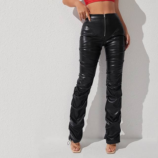 1 st Kvinnors enfärgade dragkedja Front plisserade Fashion PU läderbyxor - Svart (Petite XXS,Petite XS,Petite S,Petite M,Petite L)