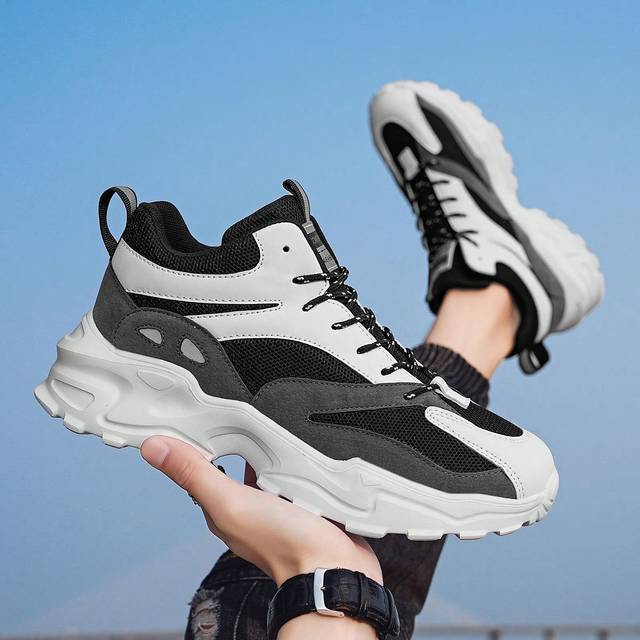 Men Colorblock Chunky Sneakers, Sportiga Sneakers med snörning fram - Svart och Vitt (EUR40,EUR41,EUR42,EUR43,EUR44,EUR45)