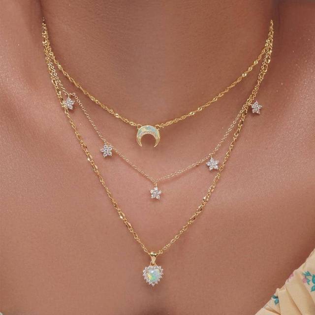 SHEIN Rhinestone Star & Moon Charm Layered Necklace