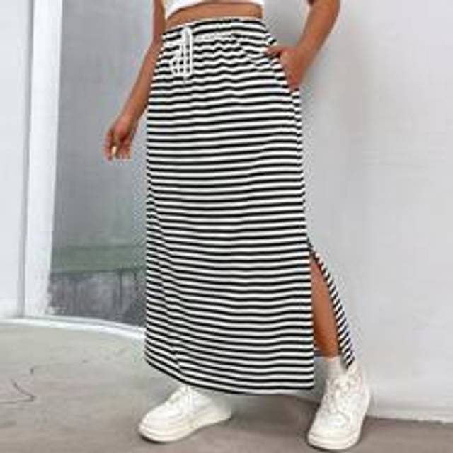 Flirla Plus Striped Print Split Hem Drawstring Waist Skirt Maxi Women Outfit