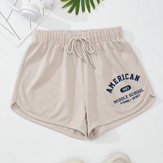 INAWLY Letter Graphic Drawstring Waist Track Shorts