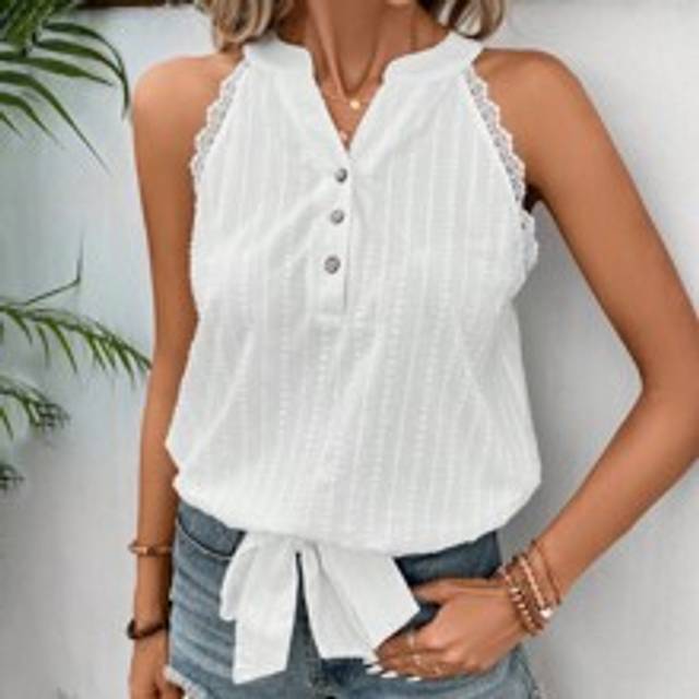 Kontrast Spets Framsida Knappar Enkel Enkel Blus - Vitt (L,M,S,XS)