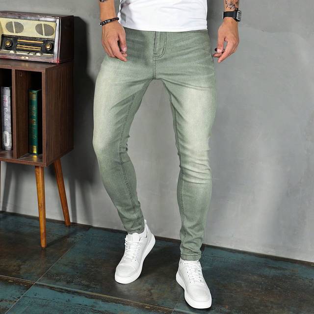 Män Solid Skinny Jeans Slim Fit Long Washed Light Jean Cargo Plain Green Office Basic Man - Grön (L,M,S,XL)