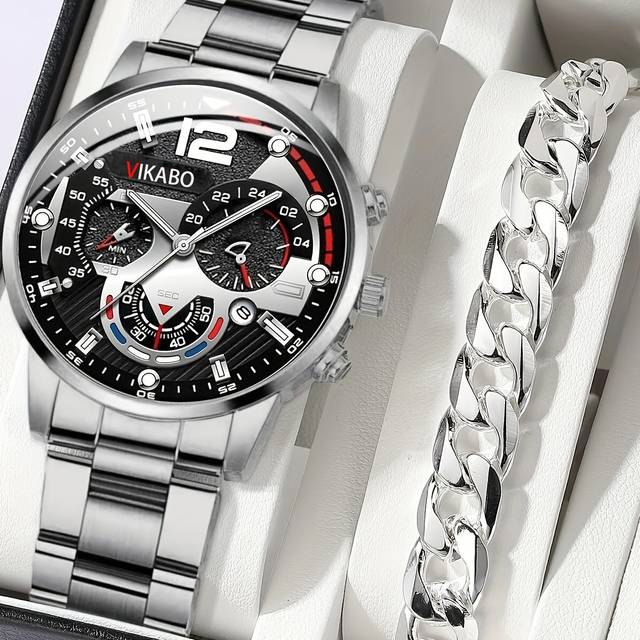 2st Lyx Sport Män Klocka & Armband Presentset, Business rostfritt stål Quartz Armbandsur För Casual DressMasculino som en present till studenter som å (En-Storlek)