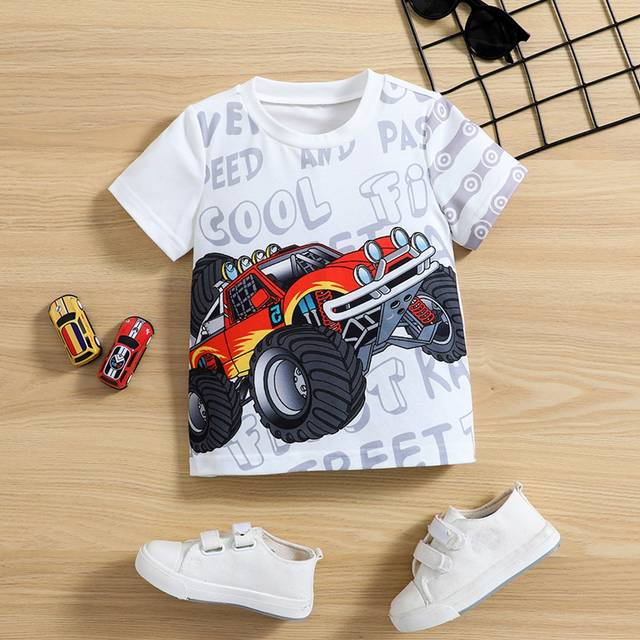 SHEIN Young Boy Cute Off-Road Car Pattern T-Shirt, Suitable For Boys Aged 4-7 Years Old To Wear In Autumn, Spring And Winter
