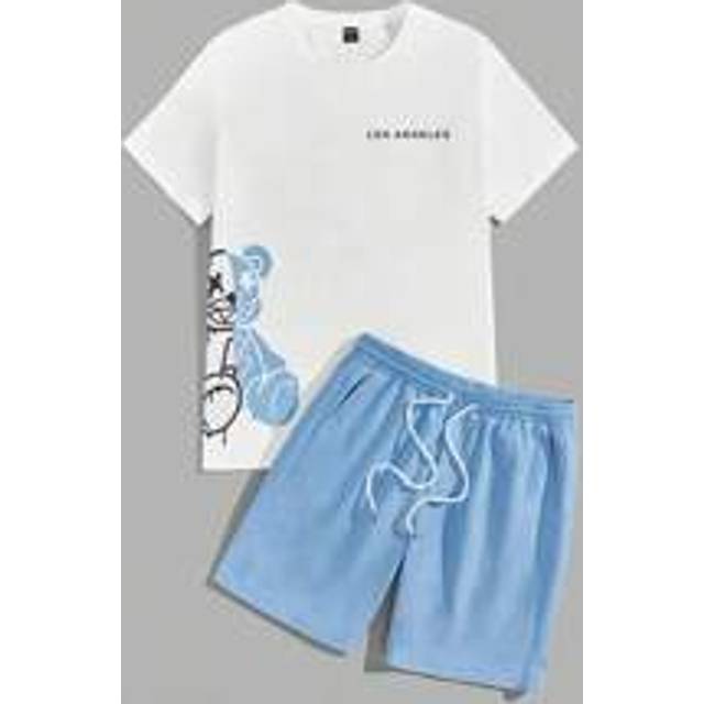 Manfinity Men Bear & Letter Graphic Tee & Drawstring Waist Shorts