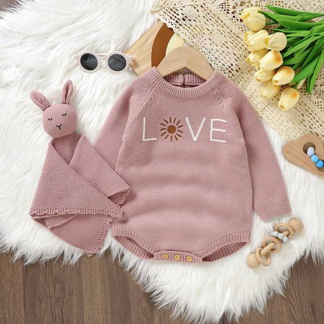 SHEIN Baby Girl Sun & Letter Pattern Raglan Sleeve Knit Bodysuit