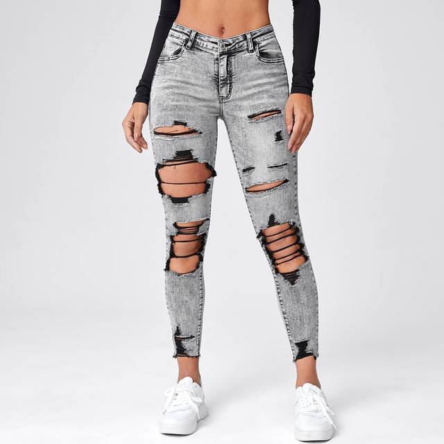 SHEIN Cut Out Ripped Raw Hem Skinny Jeans Ripped Jeans