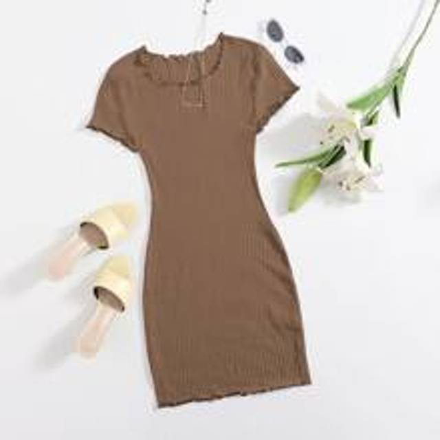SHEIN Lettuce Trim Rib-knit Bodycon Dress