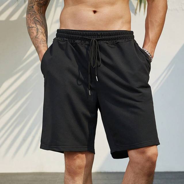Manfinity Men Plus Solid Drawstring Waist Shorts Sweat Plain Black Size