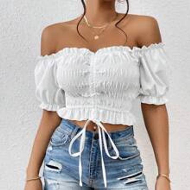 INAWLY Off Shoulder Frill Trim Drawstring Front Crop Blouse