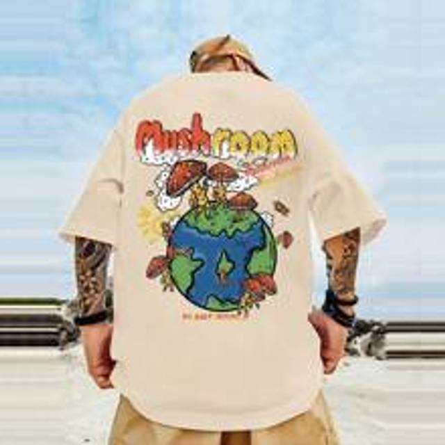 Manfinity Men T-Shirts Fit Crew Neck Short Sleeve Graphic Tee Earth Summer Polyester
