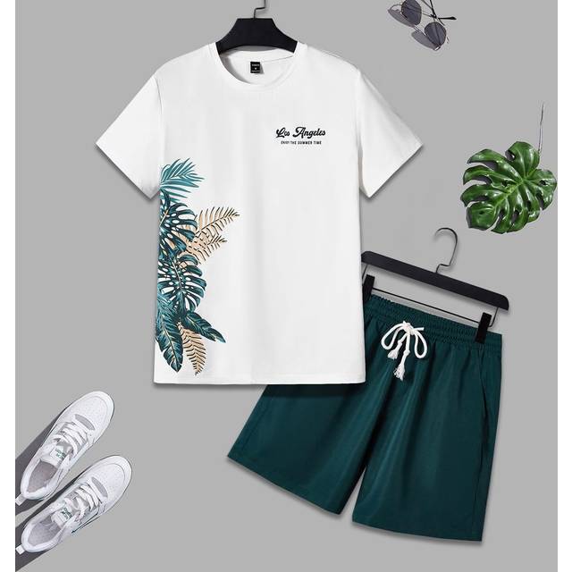 Manfinity Men Slogan & Tropical Print Tee & Drawstring Waist Shorts