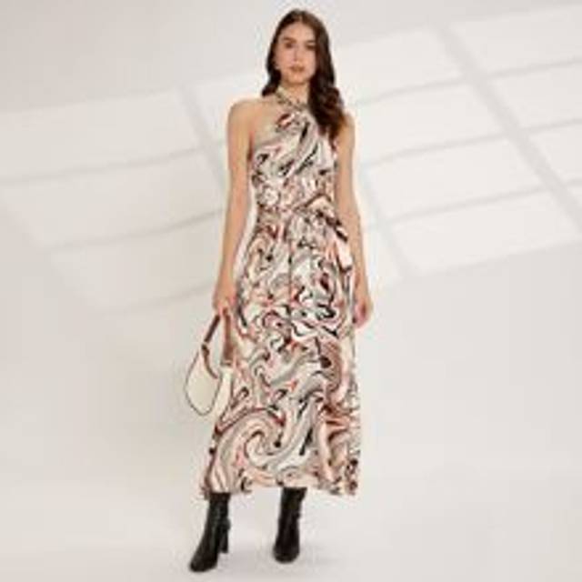 SHEIN Halterneck Marble Print Open Back Belted Satin Dress