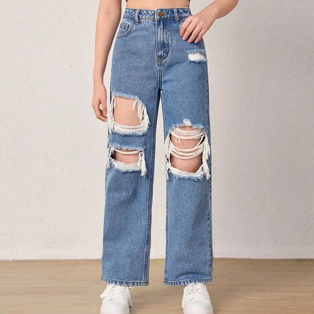 SHEIN Teen Girls Ripped Straight Leg Jeans