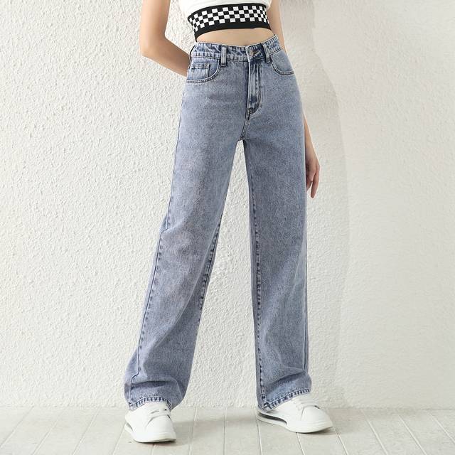 SHEIN Teenage Girls Washed Straight Leg All-Match Versatile Casual Denim Jeans, Retro Light Blue