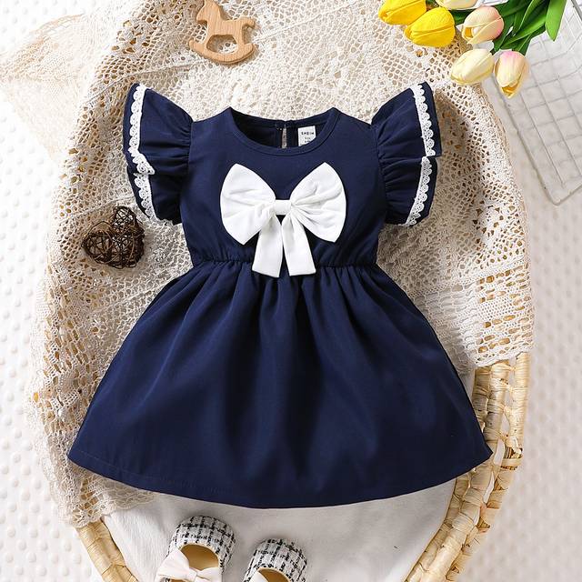 SHEIN Baby Girls&#39; Casual Color-Block Cap Sleeve Dress With Bow Detail, A-Line, Summer