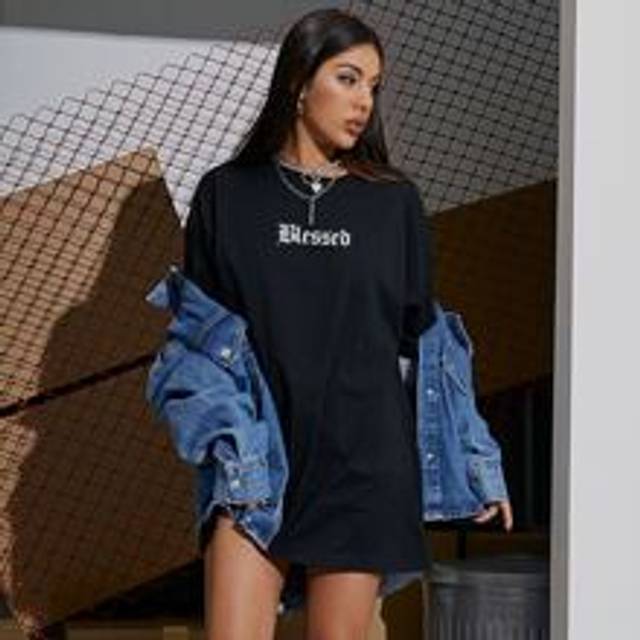 Flirla Letter Graphic Drop Shoulder Oversized Tee
