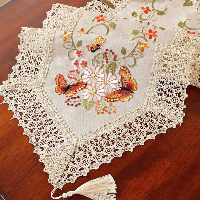 SHEIN 1pc Polyester Shiny Metallic Fabric Decorative Tablecloth With Exquisite Water-Soluble Embroidery, Hollow Lace Trim, Tassel, Floral Embroidery Craftsm