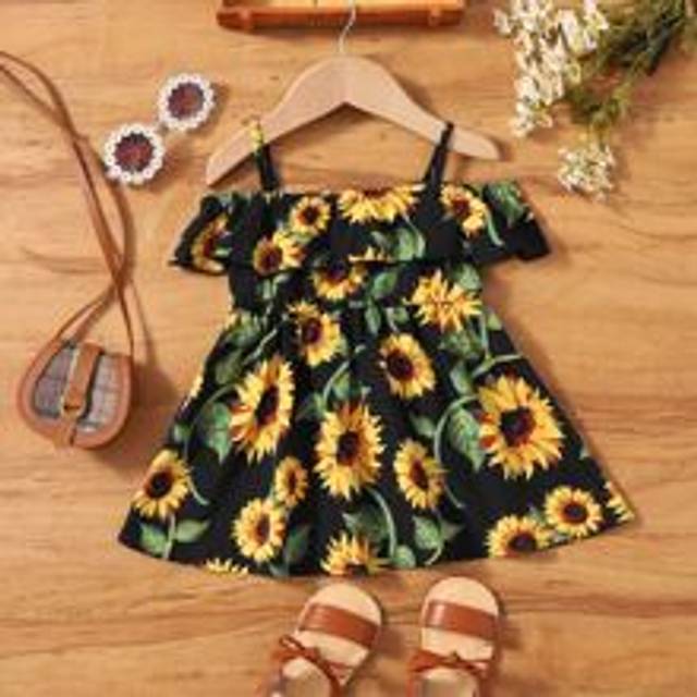 SHEIN Baby Girl Sunflower Print Cold Shoulder Ruffle Trim Dress