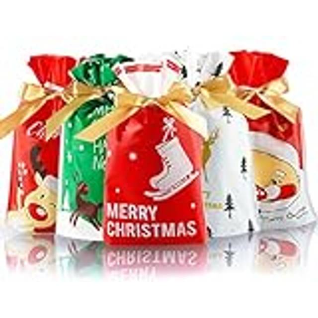 DLY 50 Pcs Christmas Candy Bag Christmas Treat Bags Candy Goodies Plastic Drawstring Gift Bags Merry Christmas Treat Bags for Birthday Party Snack Wra