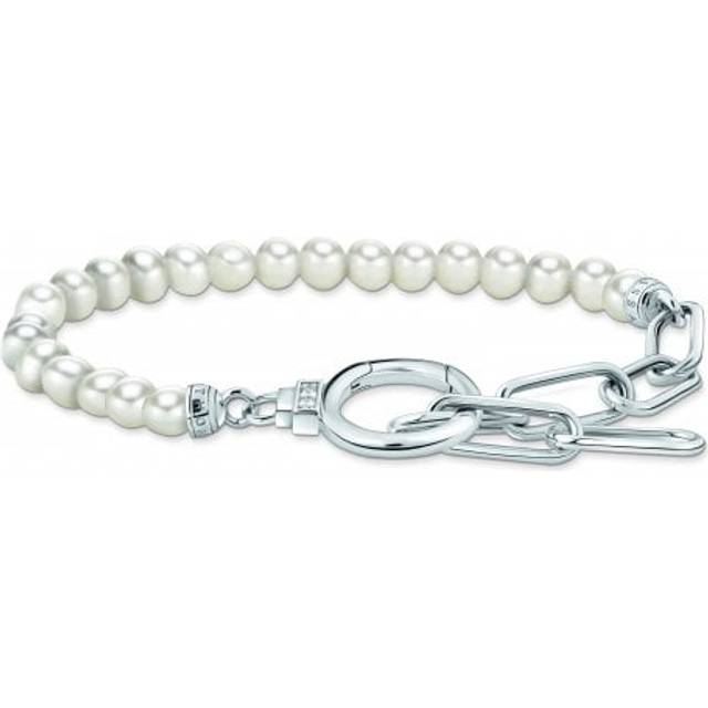 THOMAS SABO Silver Zirconia & Freshwater Pearl Ring Clasp Link Bracelet For Women - silver/white